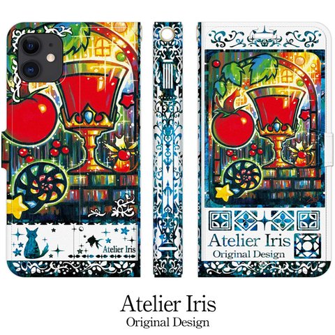 【魅惑のトマトジュース】猫 油絵 iPhone 手帳型 スマホケース 携帯ケース 送料無料 白地ブルー