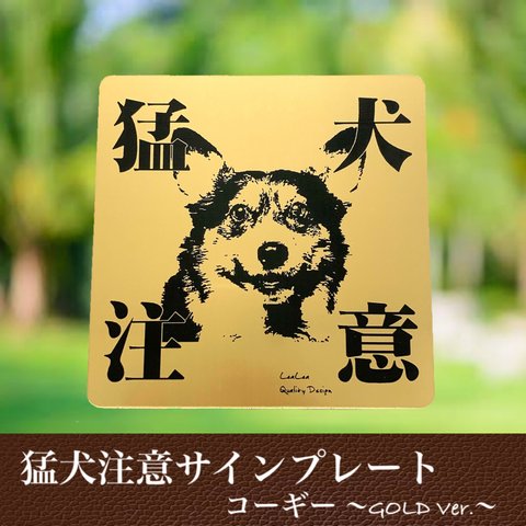 【送料無料】猛犬注意サインプレート(コーギー)GOLDアクリルプレート