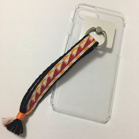 カード織り スマホストラップ 白×赤×橙