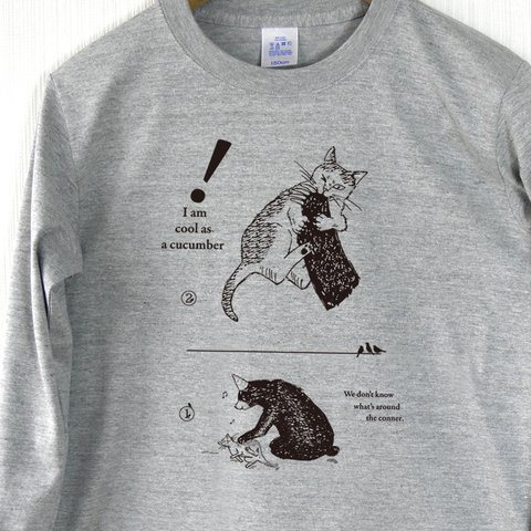 猫と熊 長袖Tシャツ 杢グレー（メンズ/ユニセックス）