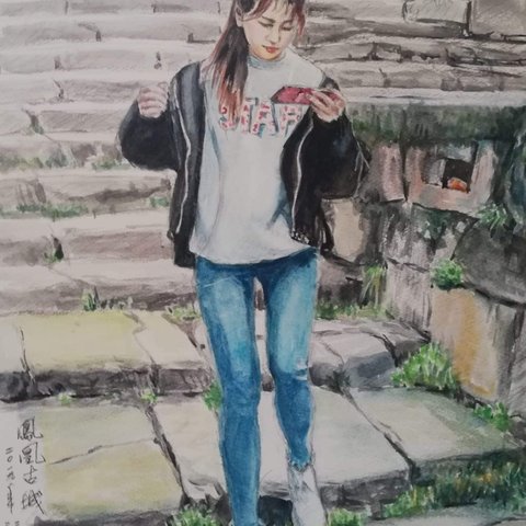 水彩画原画　鳳凰古城のガール