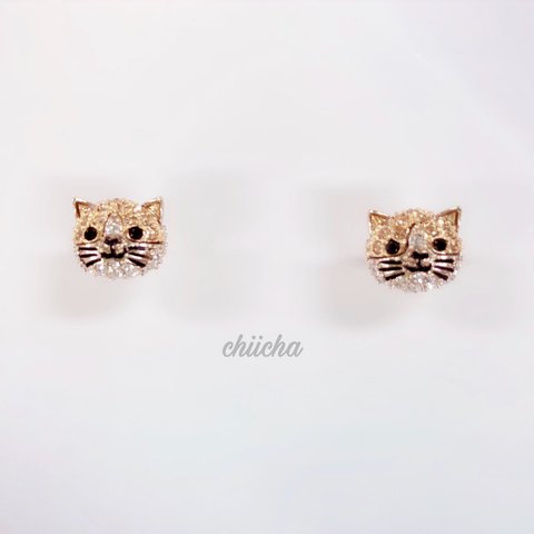 chiicha キャラメルラテ猫ラインストーンピアス