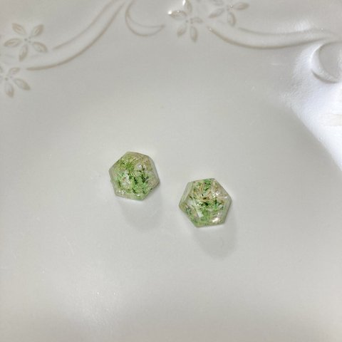 緑×白のドライフラワーピアス