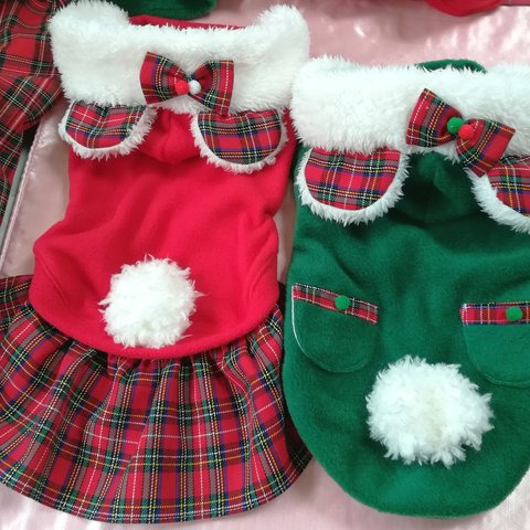 犬服オーダー🎄赤チェック クリスマスくまさんワンピ🎄 ✨🎅