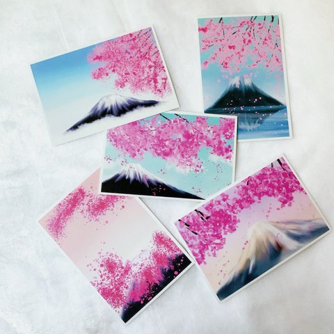 桜と富士山　5枚セット　ポストカード　はがき　イラスト　デザイン　絵葉書　山　春　季節　文房具