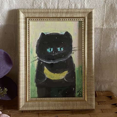 絵画。原画手描【黒猫が月を抱いて心の願いを訴える】