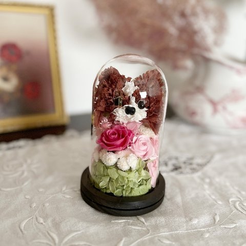 ご希望のペットで作るガラスドームアレンジ　ペットのお供え　ペットの仏花　犬　猫　プリザーブドフラワー　母の日のプレゼント