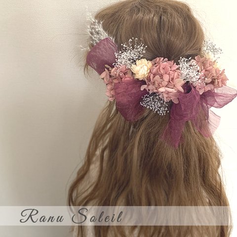 ヘッドドレス　ribbonSTYLE wine＆pink 髪飾り　結婚式　成人式　卒業式　プリザーブドフラワー　ドライフラワー　ドレス　着物　袴　ヘアアクセサリー　振袖　金箔