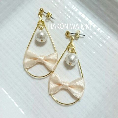 ○リボン&パールピアス○