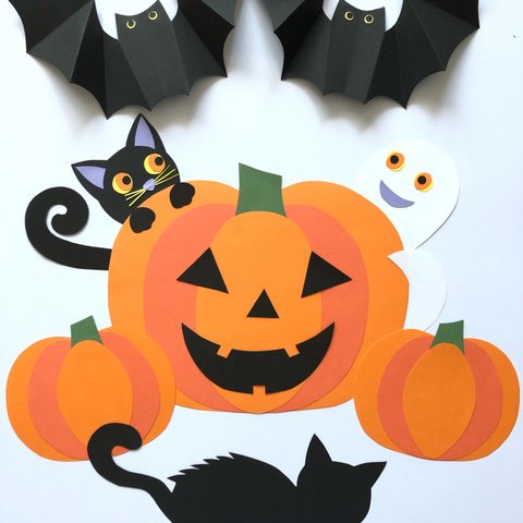 ハロウィーン　秋の壁面飾り　《くろねことおばけ》