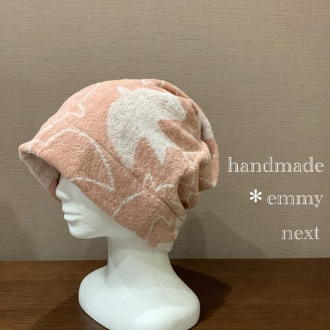 送料無料＊handmadeタオル帽子〈birdくすみピンク〉かわいい医療用帽子　おしゃれなケア帽子　ケアキャップ