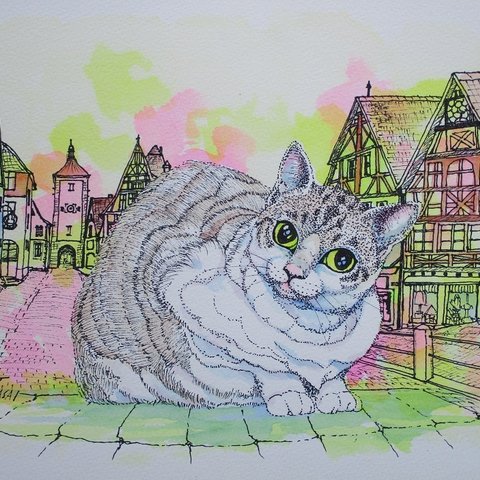 直筆ペン彩画　猫