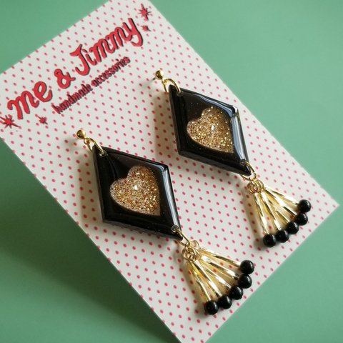 ♥ BE MY BABY ダイヤ×ハートビーズタッセルピアス・イヤリング♥【50’s black】