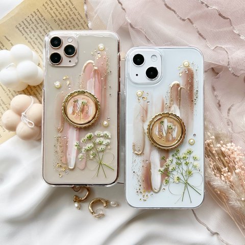 スマホリング【2color】かすみ草 ニュアンスカラーとかすみ草ブーケ 【スマホリング付き】押し花スマホケース 【ハイブリッドケース対応可】全機種対応