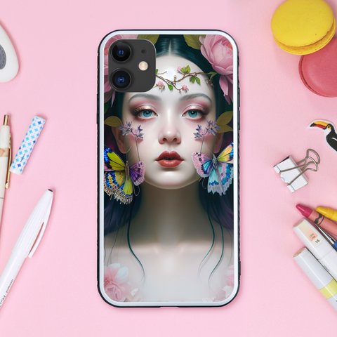 ゆめかわいい女の子と花や色鮮やかできらびやかな蝶 スマホケース【強化ガラス仕上げ】iPhone15 対応