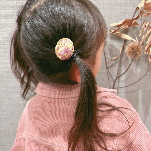 インド刺繍リボン　ヘアゴム　くるみボタン