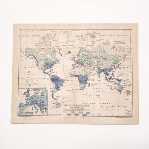 地球上の降水量の地図 アンティークマップ 古地図 ヴィンテージペーパー 図版 マイヤー百科事典 1957-115