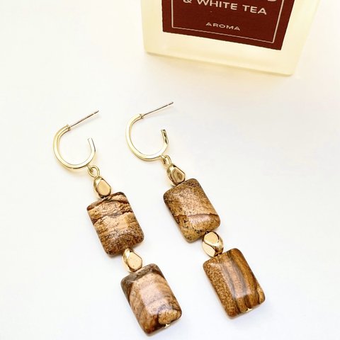 No.11  PictureJasper & Gold Longearrings 天然石　ストーンピアス　上品　地層　エキゾチック