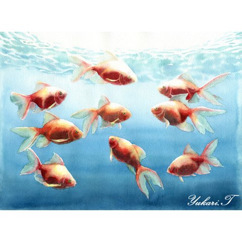 【原画】9匹の金魚（水彩画/額無し）★金魚 風水 絵画 インテリア プレゼントに