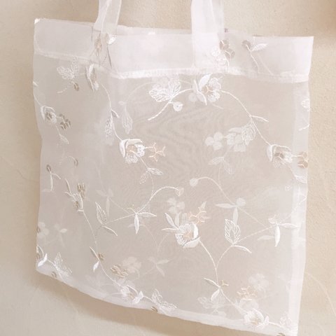 オーガンジー 花刺繍 エコバッグ  畳めるバッグ サブバッグ 洗えるエコバッグ