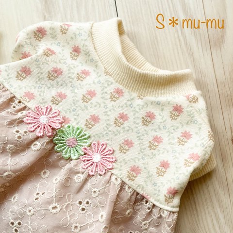 犬服【お花と花刺繍🌸バルーンワンピ】