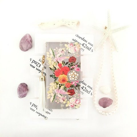 グレージュ ヴィンテージブーケ柄 手帳型 スマホケース【pajour 】【パジュール】【花柄】【薔薇】 iphoneX/Xperia/plus/iphone8/xz/SC-04/AQUOS