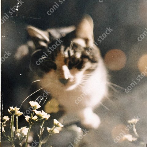 猫と花の昔の写真イメージ、レトロ、モノクロ、アート、古びた写真　conistock_91110_04