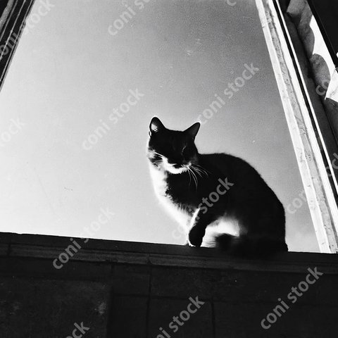 高い窓にいる猫の風景のイメージ、逆光、レトロ、モノクロ、アート、古びた写真　conistock_88409_02