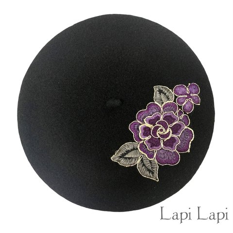 【再販】一点物 花の刺繍 ベレー帽 パープル 