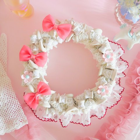 Wreath ***bobbin merletto nastro White × Red-pink piccolo