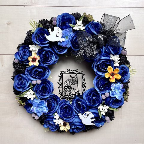 No.wreath-15482★ハロウィンリース22-(19) ブルーローズ&ゴースト　36cm・アーティフィシャルフラワー/造花リース/秋のリース/ハロウィンリース/大型リース