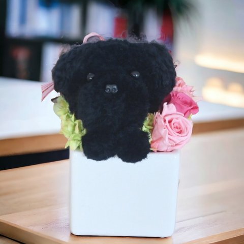 もこペット【犬 ブラック】プリザーブドフラワー  花 犬 トイプードル  ペット お供え 母の日 フラワー アレンジメント 誕生日 プレゼント