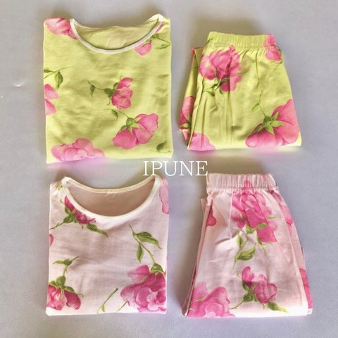 Pink flower room wear キッズパジャマ　室内着　セットアップ　花柄パジャマ　花柄　ピンク　グリーン　ルームウェア　キッズ服　子供服　キッズアパレル　韓国服　韓国子供服