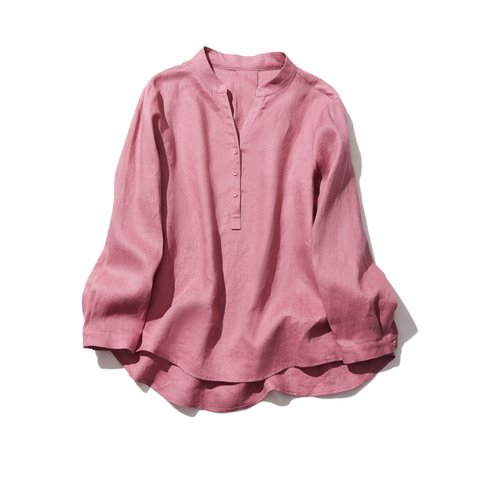 今頼れる「私の新定番」洗練スキッパーシャツで　Vネック　長袖　リネンシャツ　強い紫みの赤220401-4