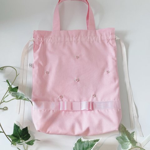  🌷応援❗新ご入園・ご入学・ご進級  🌸送料無料！ 🌸🌷刺繍付きドローイングバッグ🌷ピンク　Mサイズ　巾着袋