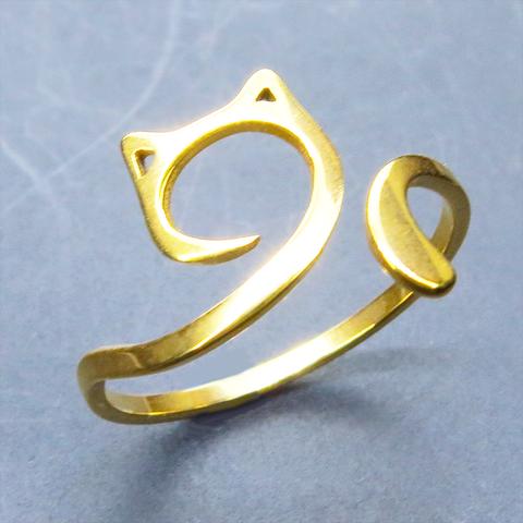 【再販】ステンレス製 ゴールドカラー 柔らかい曲線の猫フェイスシルエットモチーフのリング フリーサイズ