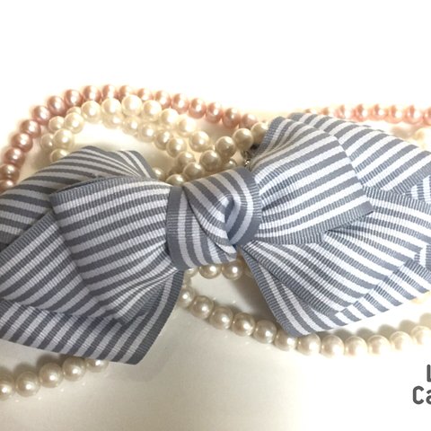 triple  ribbon バレッタ〜ストライプグレー〜