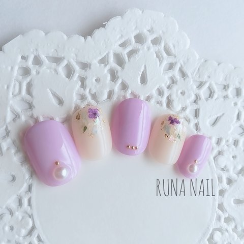 RUNA♡パステルパープル♡ドライフラワーとシェルネイルチップ♡押し花ネイル