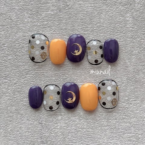 ［123］Halloween＊ブラックとゴールドドットのハロウィーンネイル＊mustard×purple