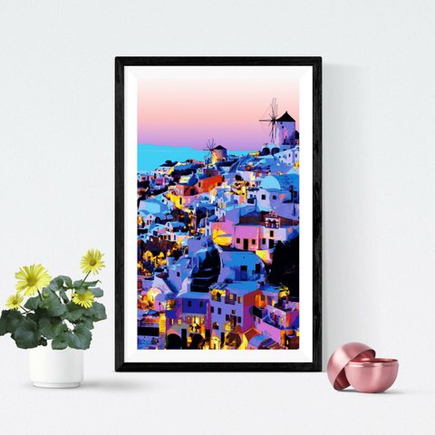 【アートポスター】ギリシャ サントリーニ島の夕暮れ（作品No.172）