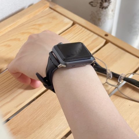 Apple watch バンド 本革  スリム 腕時計 ブラック38/40/41