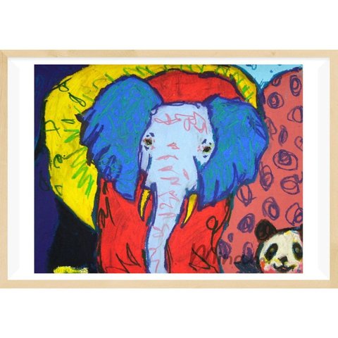 【象とパンダの夢】想像力をかきたてる原色の世界　プリントアート作品証明書付　芸術　絵画　インテリア