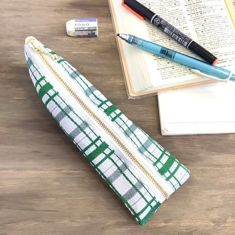 【タータンチェック】畳縁　テトラ型　ペンケース　緑色　シンプル　