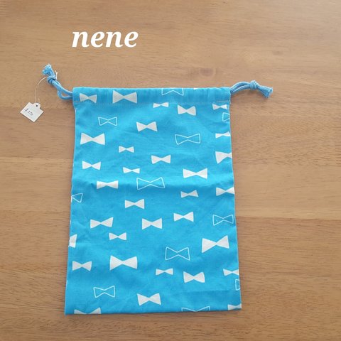 巾着袋(27×19)縦長　リボン　ブルー