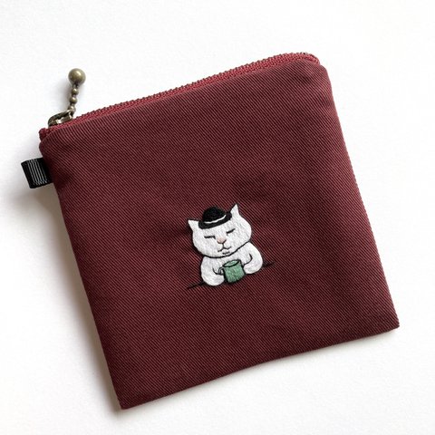 刺繍 ミニフラットポーチ コーヒータイム