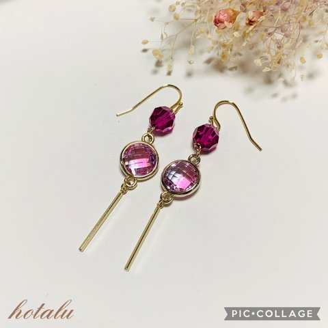 ✨スワロフスキー・フューシャー&ピンク系・シャネルストーン・ピアス(金具変更可能) 