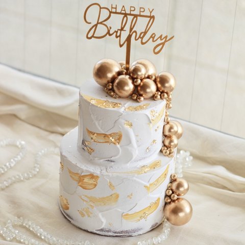 【1点限り】pick付＊gold balloon 2段クレイケーキ 誕生日ケーキ