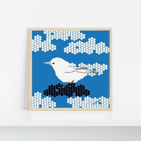 ●白い鳥と雲●フレーム入●インテリアイラストポスター   ［ブルー］　プレゼントにも！