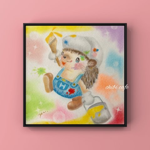 【複製画】「ハリネズミの虹色ペンキ屋さん」　パステルアート　動物　イラスト 
