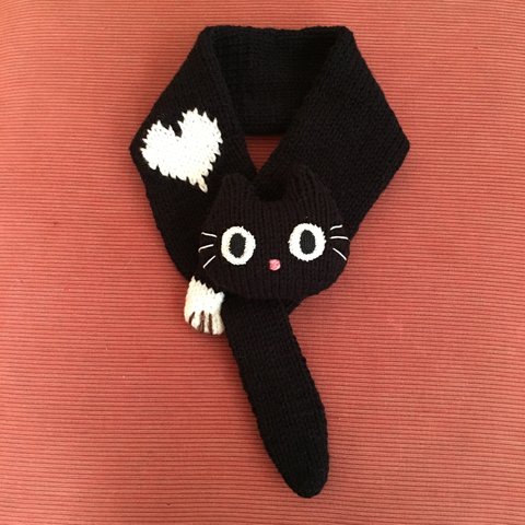 毛糸の手編みの猫マフラー*黒猫ver2*